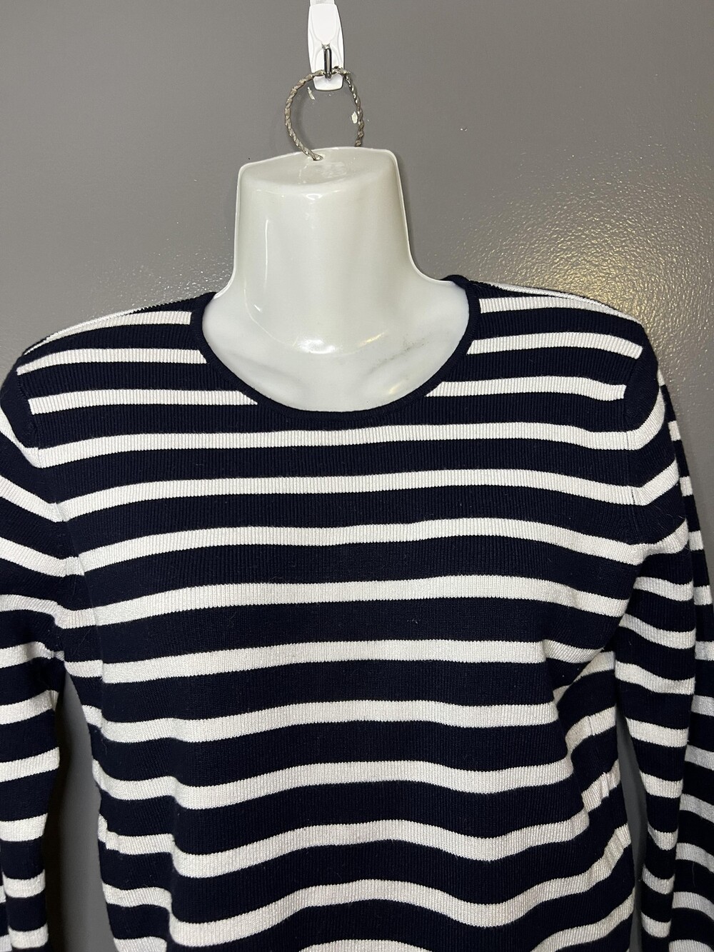 Zara Sweater Womens Large Blue White Striped Crew Neck Long Sleeve Knit Pullover